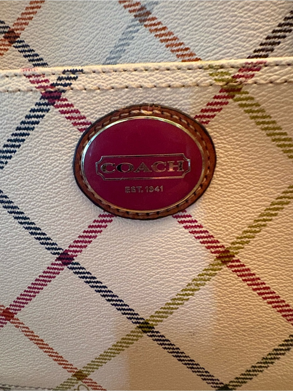 Coach Peyton Tattersall Leather Beige Plaid Pattered Logo Tote F21863 - Picture 5 of 14